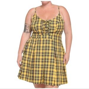 Hot Topic Yellow Plaid Lace-Up Pleated Dress Size Large Y2K Grunge Goth